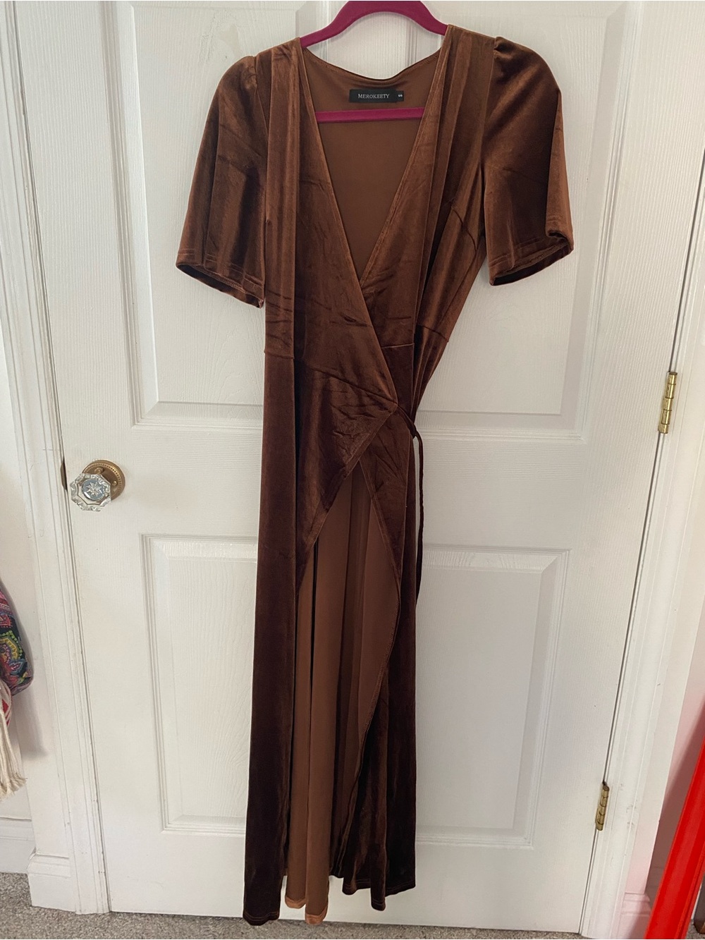 Velvet Wrap Maxi Dress in Brown by merokeety